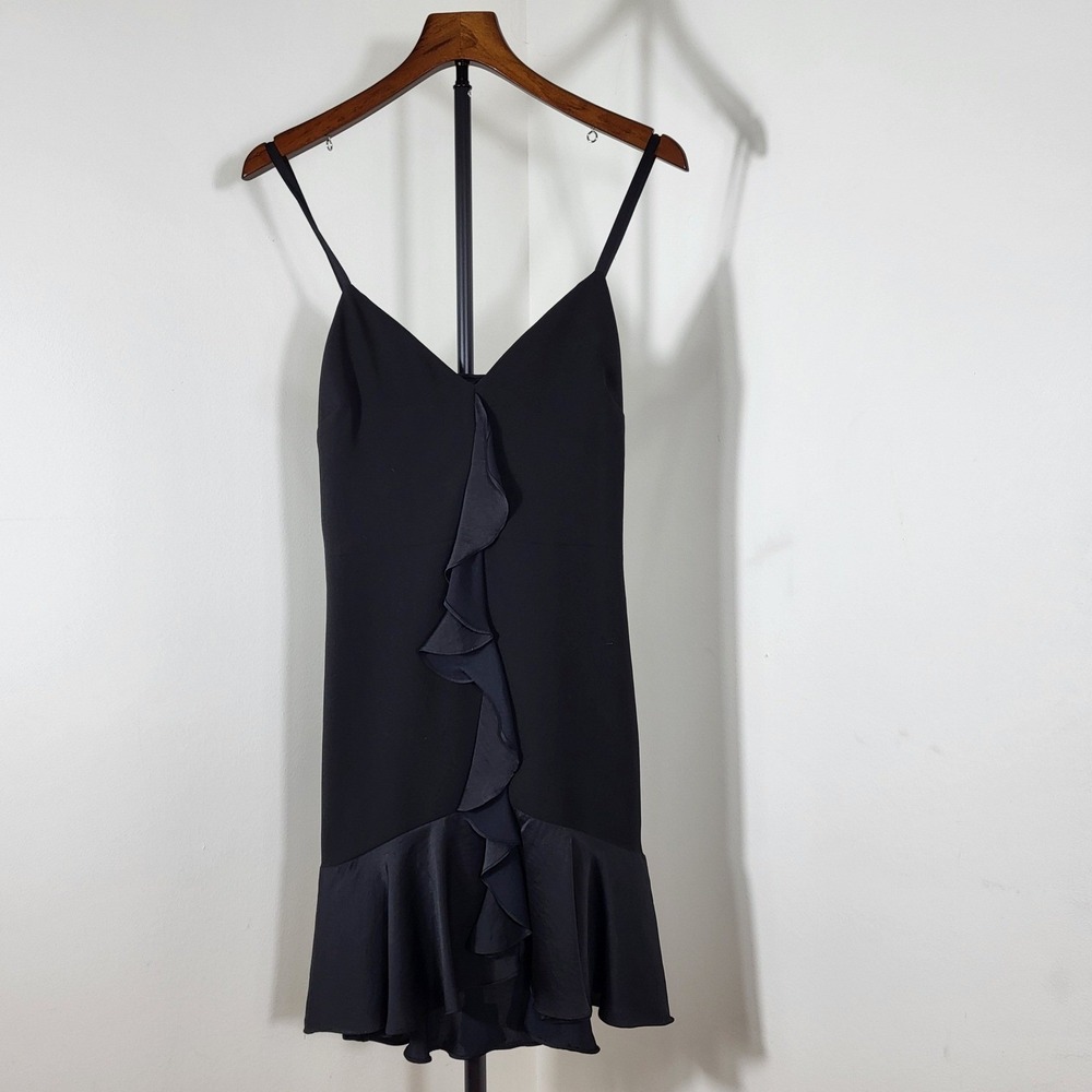 Marciano Black Ruffle Front Mini Dress Spaghetti Strap V-Neck Cocktail Size 4